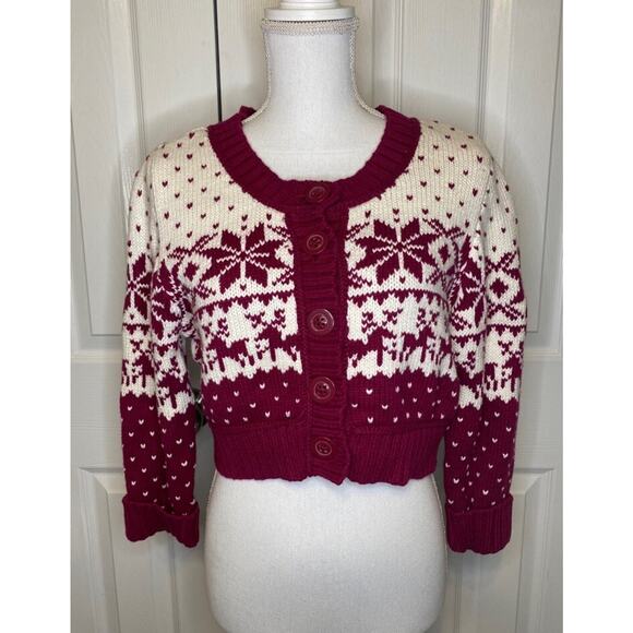 Decree Women’s Cropped Fair Isle Button-Up Burgundy Maroon Sweater Size X-Large - Picture 1 of 6